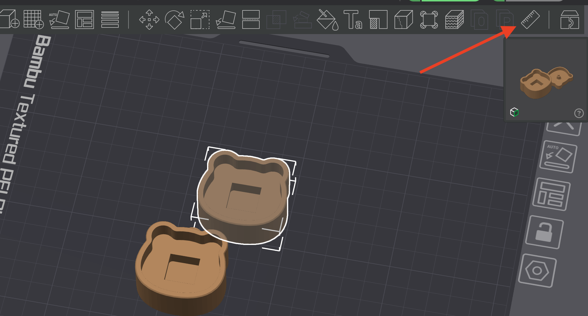 Bambu Studio with the clicker cap selected and the ruler tool highlighted.
