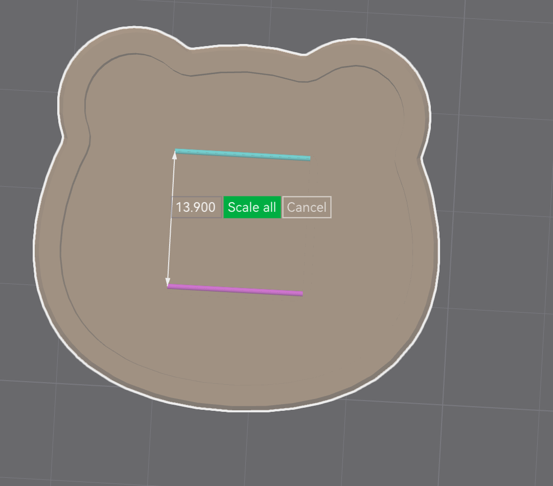 Bambu Studio measurement input showing 13.900 and the Scale all button.